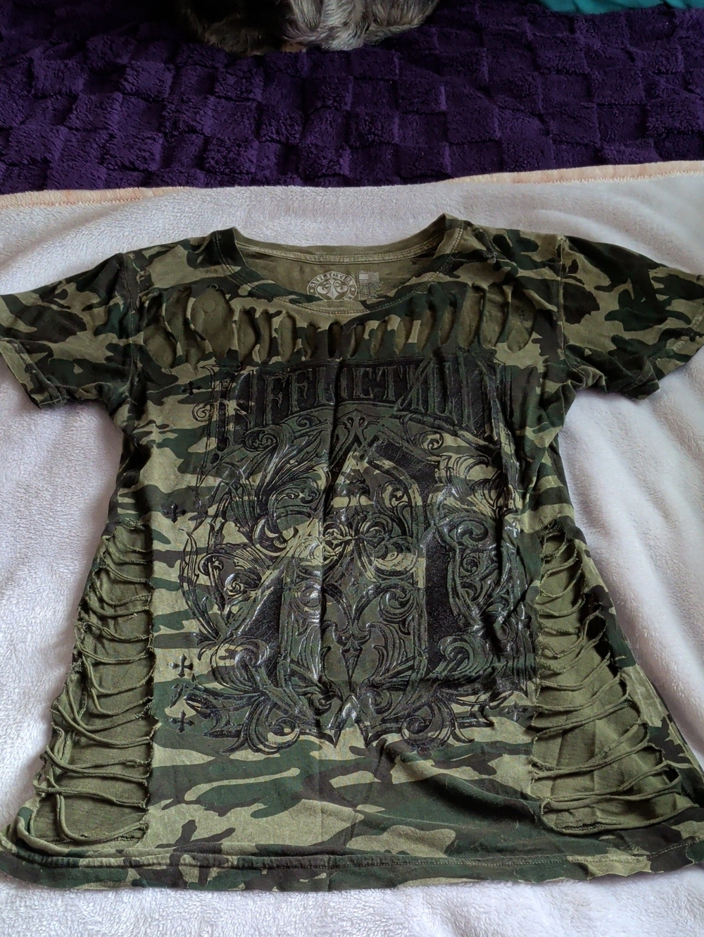 Affliction Olive Green Camo Distressed Graphic Tee